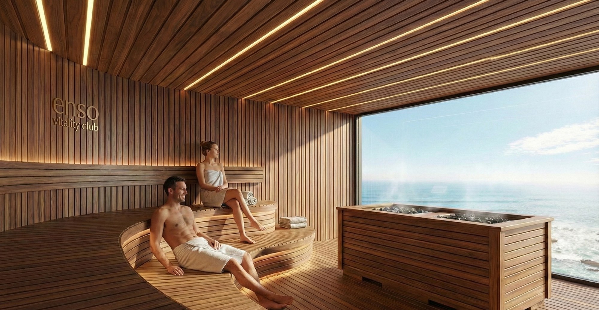 Render conceptual del sauna panorámico con vista al océano